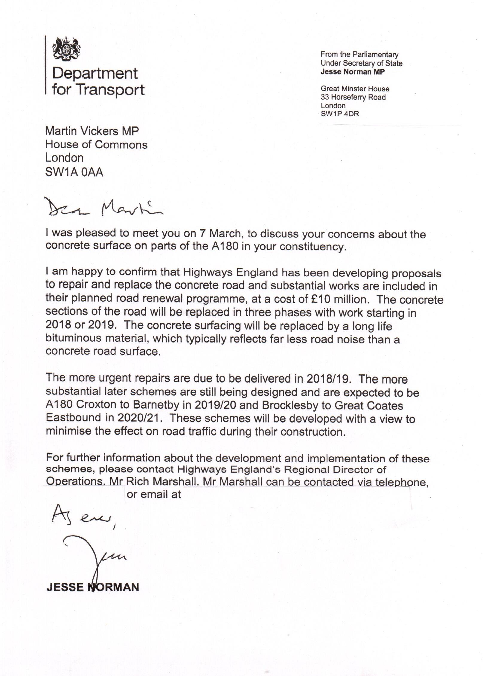 Letter from Jesse Norman MP, Minister for Roads